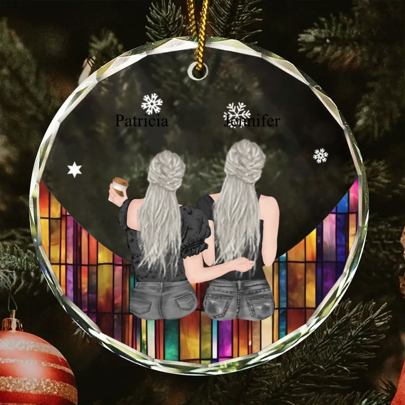 Customizable Crystal Glass Ornament for Sisters, Co-Workers, or Besties | 2-5 Figures with Names